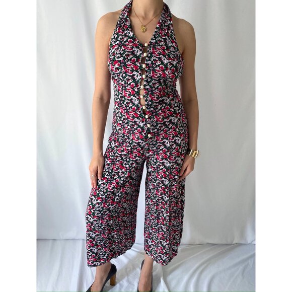 90s vintage red floral print summer halter flared pant button up jumpsuit romper - Picture 2 of 9